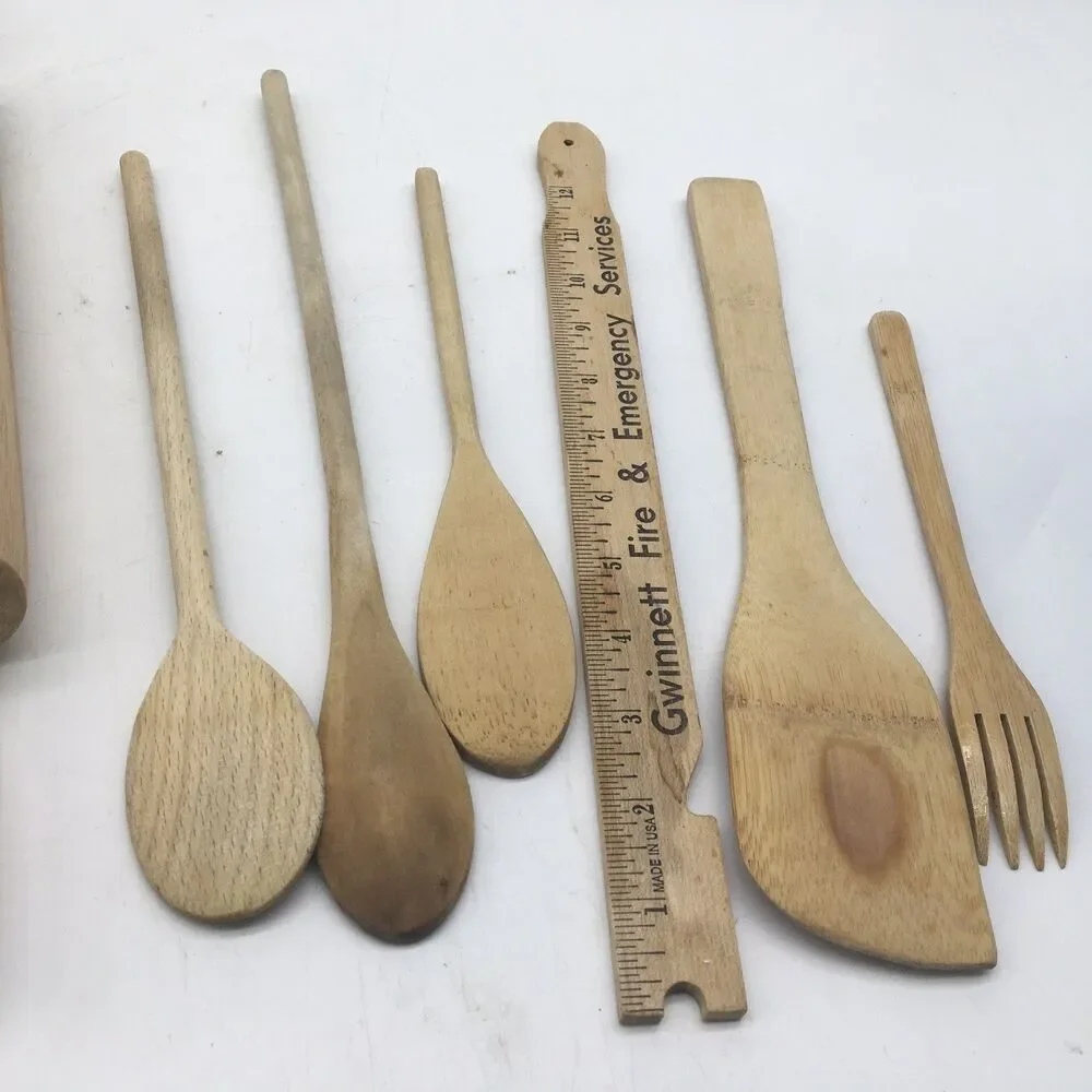 Vtg Lot Of 9 Wooden Kitchen Utensils Fork Wooden spoon Spatula Rolling Pin